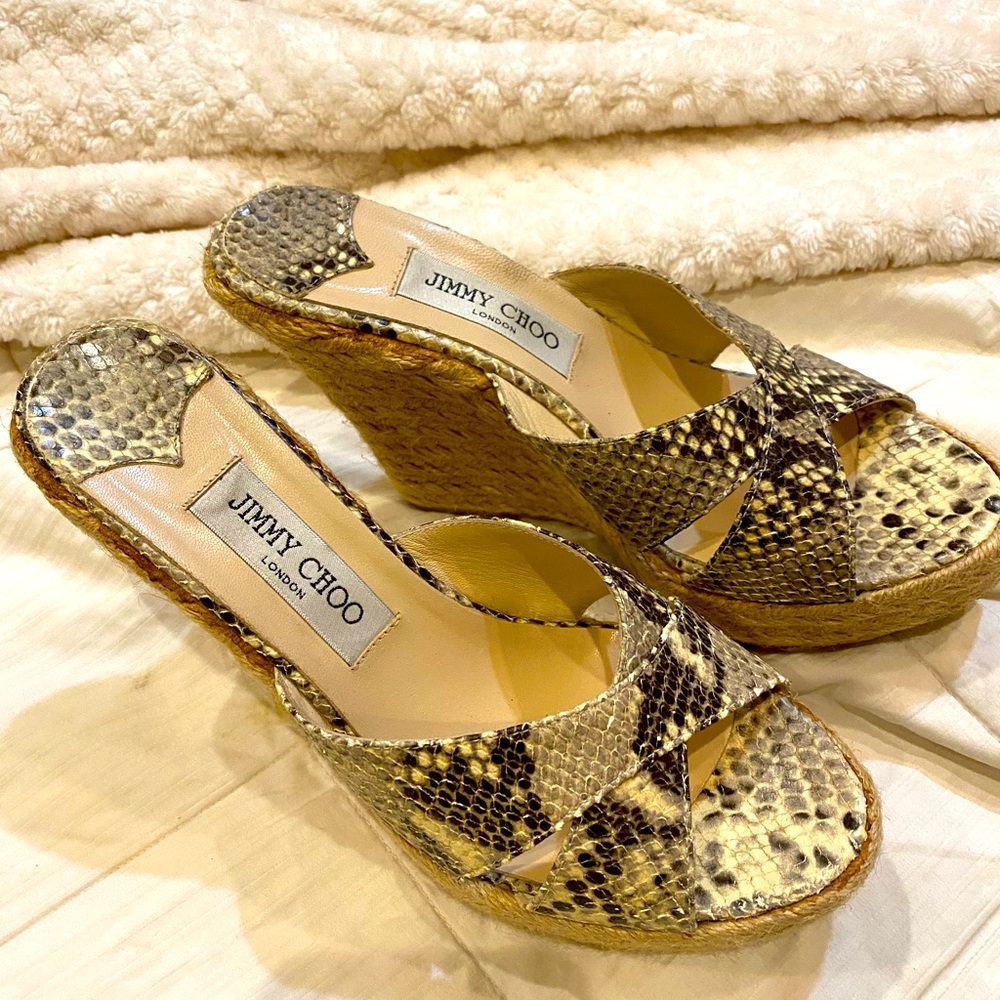 Jimmy Choo Snakeskin Espadrille Wedge Sandals in Beige and Black